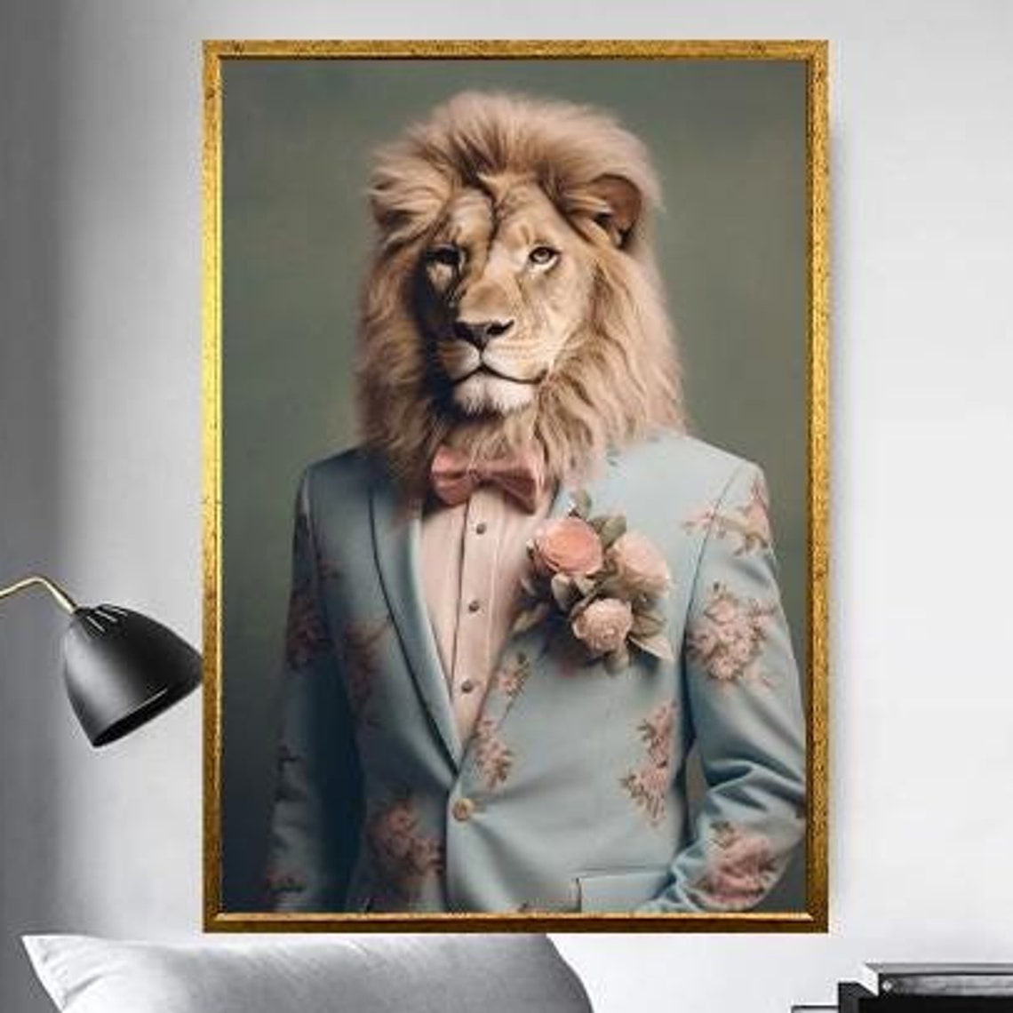 Dapper Lion In Blue Floral Suit With Pink Bow Tie Portrait Poster - Image 5