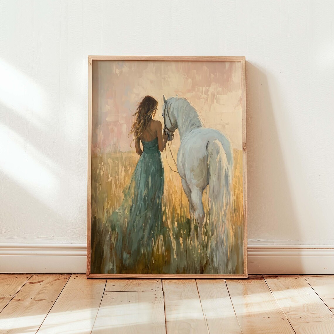 Girl and White Horse Walking Through Golden Field Art Painting Poster
