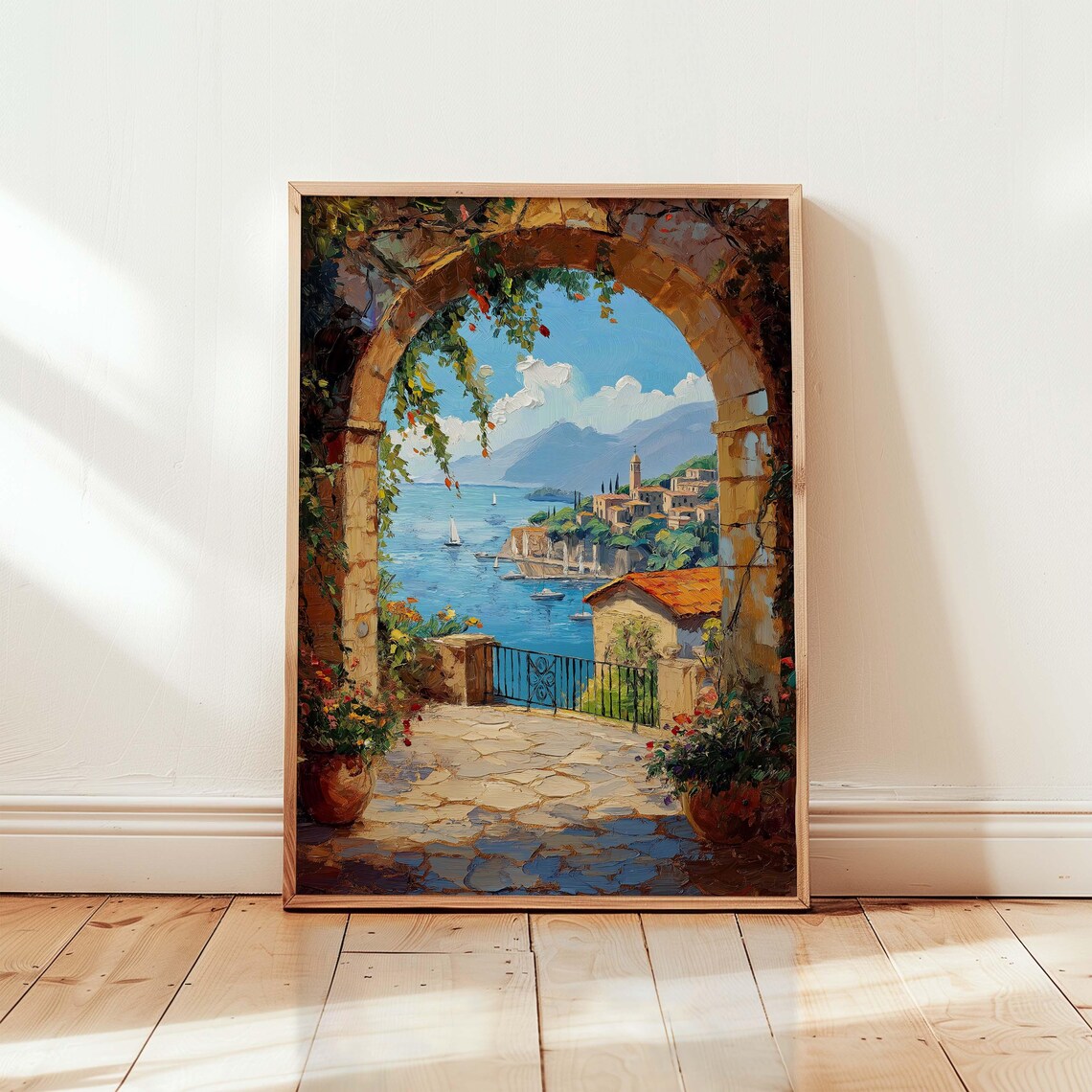 Italian Coastal Terrace Arch View with Sailboats Painting Poster