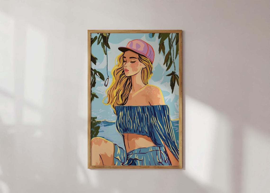 Girl with Pink Cap Lake Summer Vacation Trendy Illustration Poster