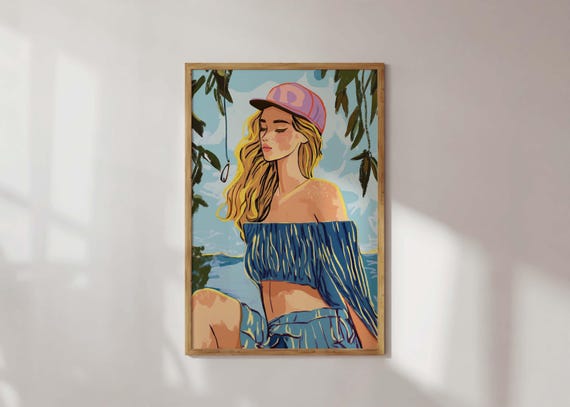 Girl On A Lake Art Print Fashion Illustration Whimsical Colorful Wall Trendy Dorm Decor Girly Poster Cute Apartment