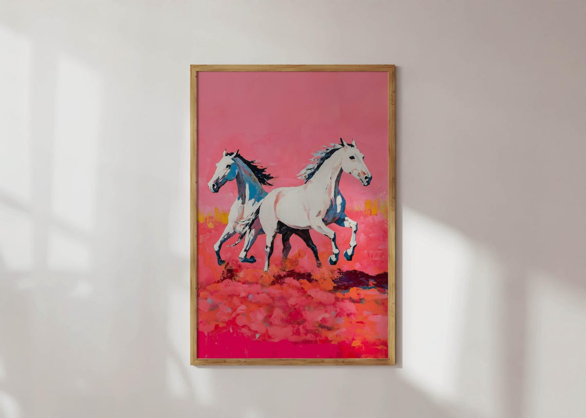 Two White Horses Galloping Across A Bold Pink Field Modern Art Poster