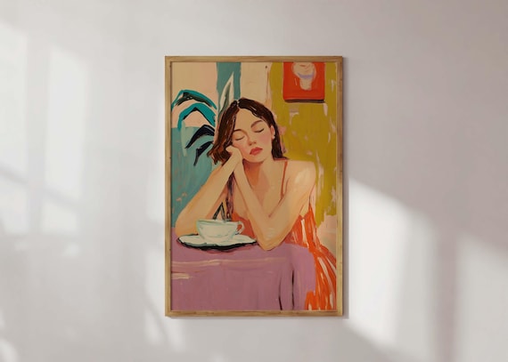 Woman at Cafe Table with Coffee Abstract Portrait Painting Poster
