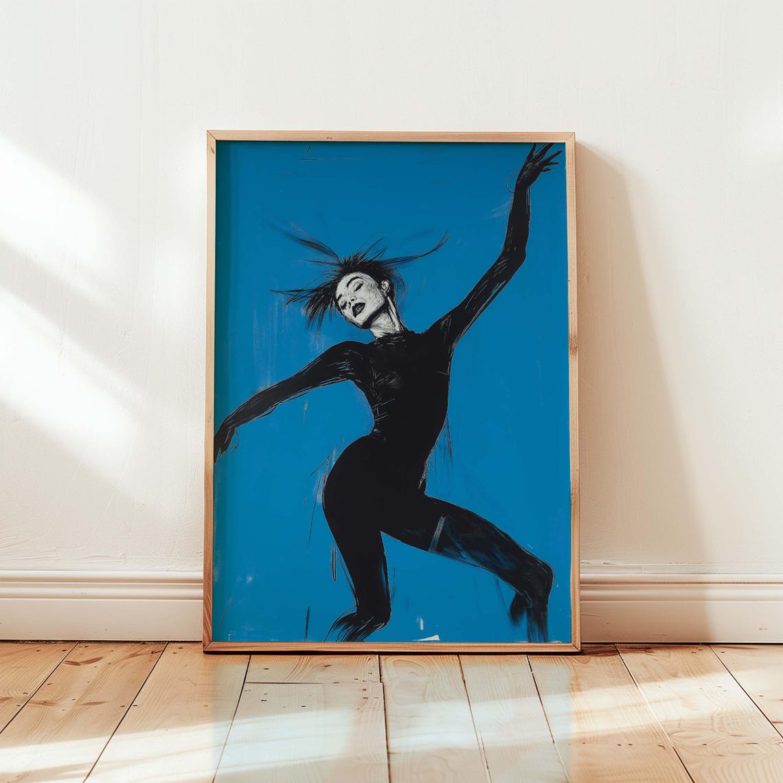 Ballet Dancer Leaping in Black Bodysuit on Blue Dynamic Art Poster