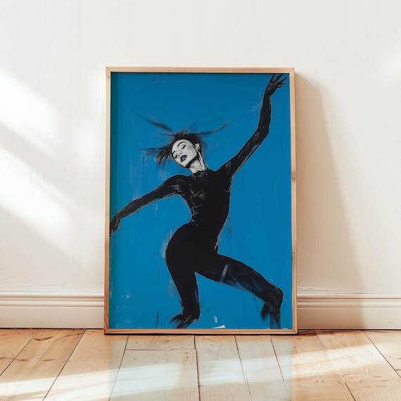 Ballet Dancer Leaping in Black Bodysuit on Blue Dynamic Art Poster