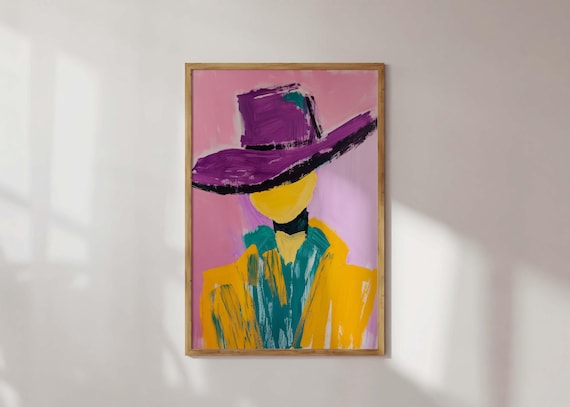Trendy Western Impressionist Art Print Bold Cowboy Hat Painting Colorful Abstract Portrait Modern Acrylic Wall Expressionist