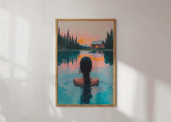 Lakeside Art Print Cabin Wall Tranquil Nature Landscape Poster Modern Minimalist Water Reflection Painting Swimming Sunset