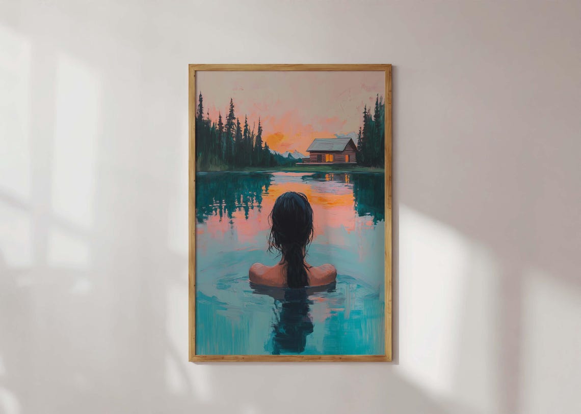 Lakeside Sunset Swim Painting Cabin Across Lake Nature Art Poster