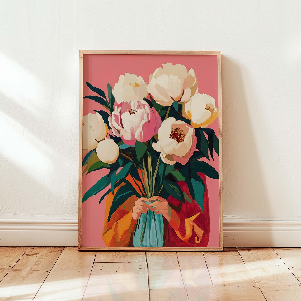 Vibrant Pink Peony Bouquet Held By Woman Floral Painting Art Poster