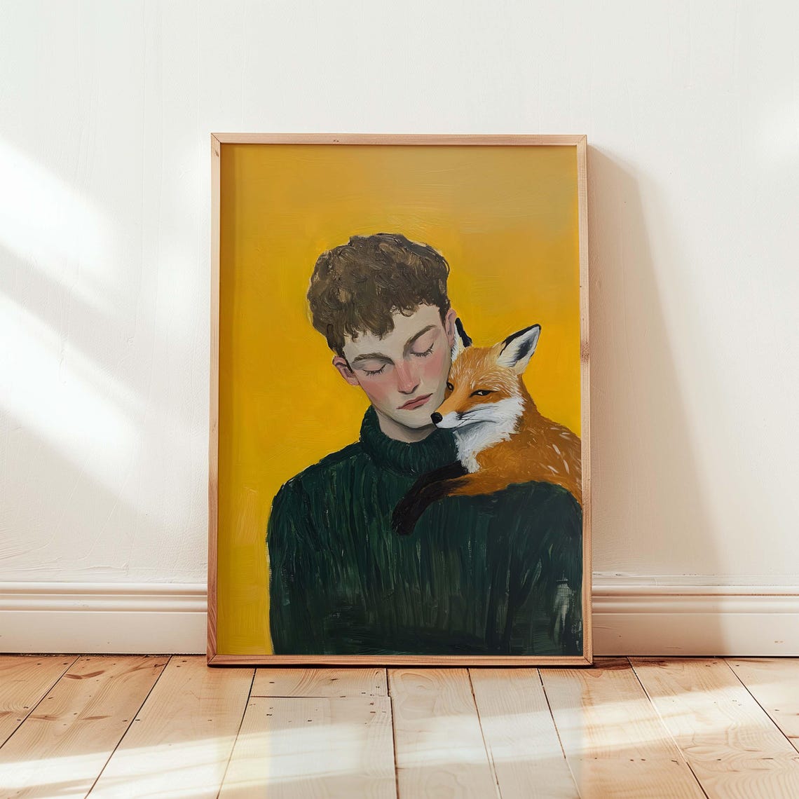 Fox Lover Mustard Yellow Man With Fox Portrait Eclectic Art Poster