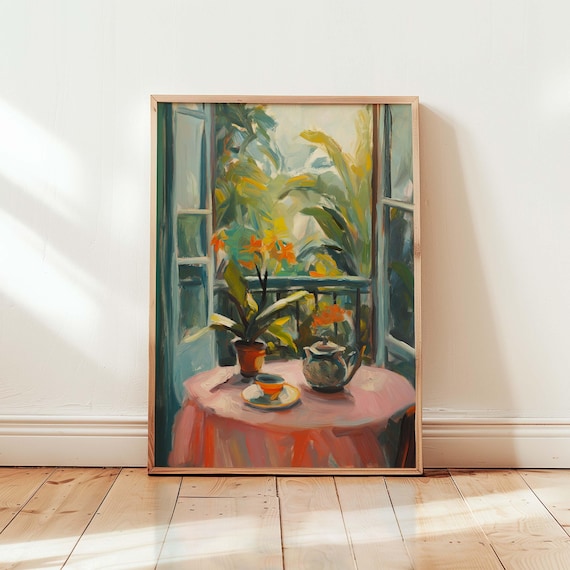 Tropical Balcony Tea Scene With Plants Botanical Painting Print