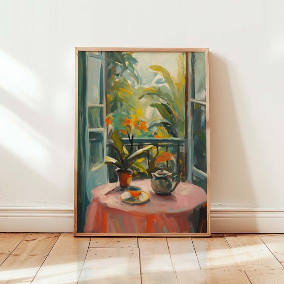 Tropical Balcony Wall Art Indoor Plants And Tea Scene Painting Vibrant Botanical Decor Serene Jungle View Illustration Cozy Home Print