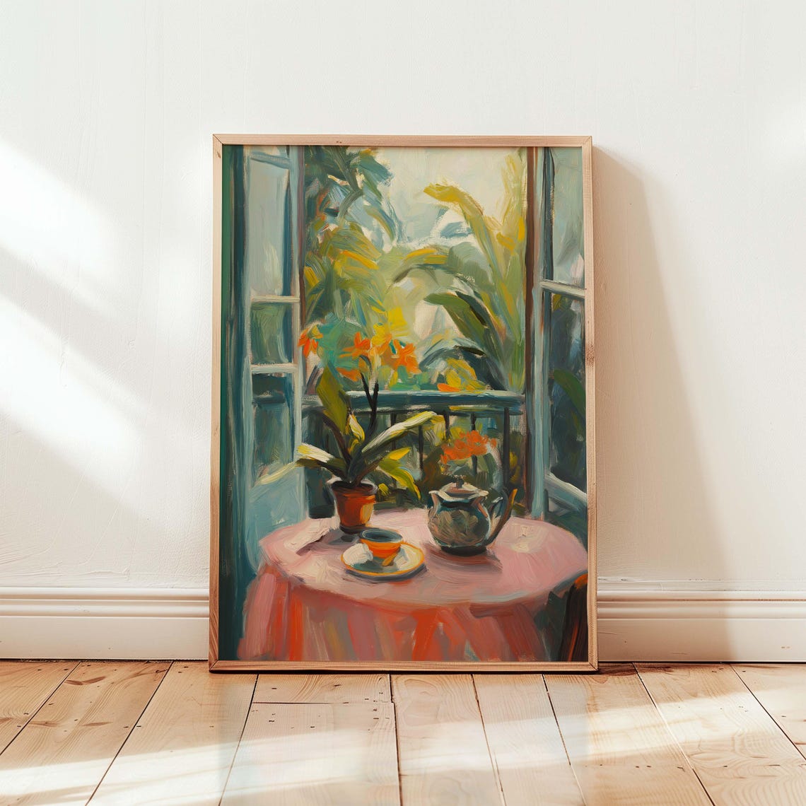 Tropical Balcony Tea Scene With Plants Botanical Painting Print