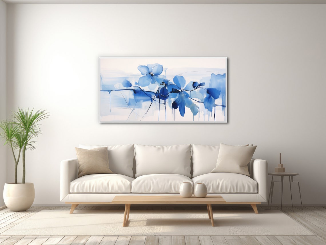 Panoramic Blue Watercolor Flowers Soft Blooms Abstract Art Print - Image 3