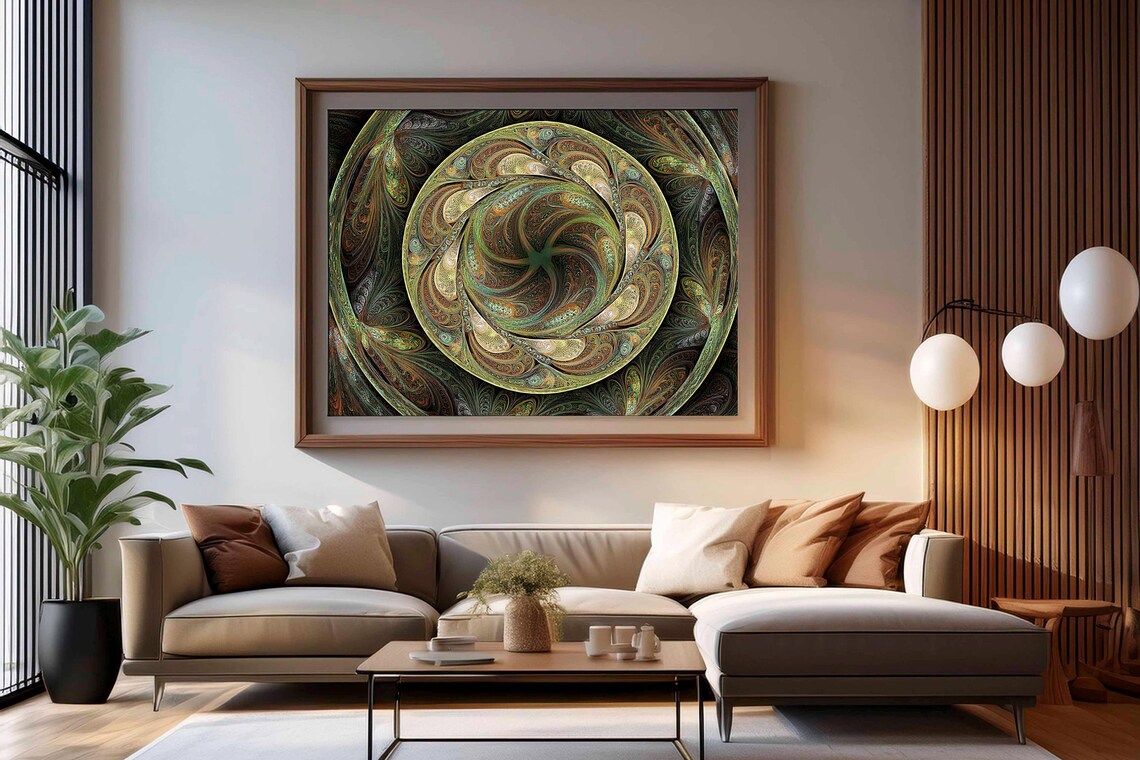 Green And Gold Paisley Fractal Spiral Mandala Wall Decor Print - Image 2