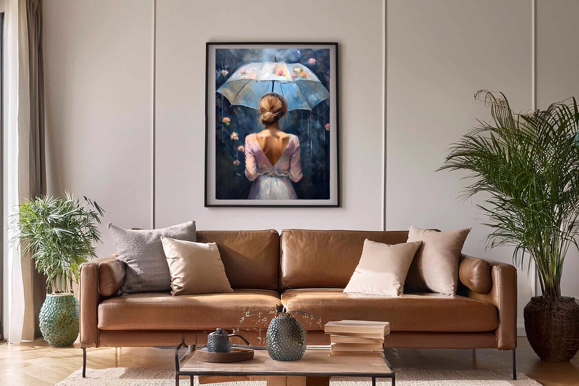 Woman With Flower Umbrella In The Rain Seen From Behind Poster - Image 2