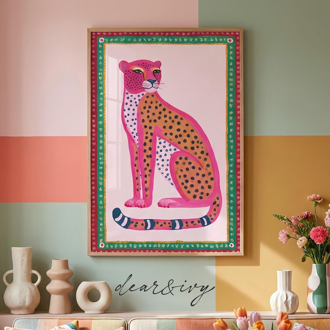 Cheetah Folk Art Poster, Grandmillennial Decor