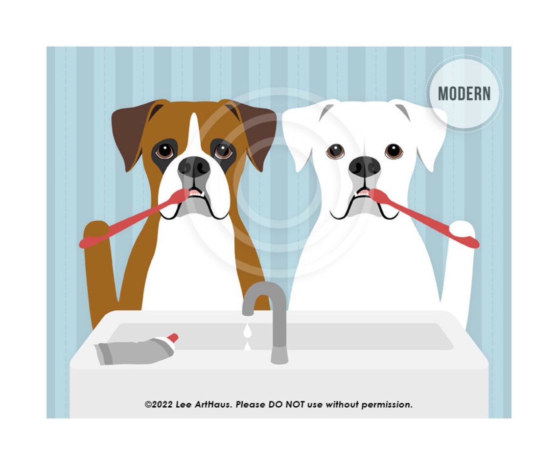 Two Boxer Dogs Brushing Teeth At Bathroom Sink Funny Dog Poster