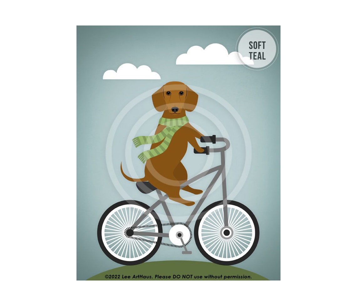 Red Dachshund Riding Bicycle With Green Scarf Cute Dog Art Poster - Image 4