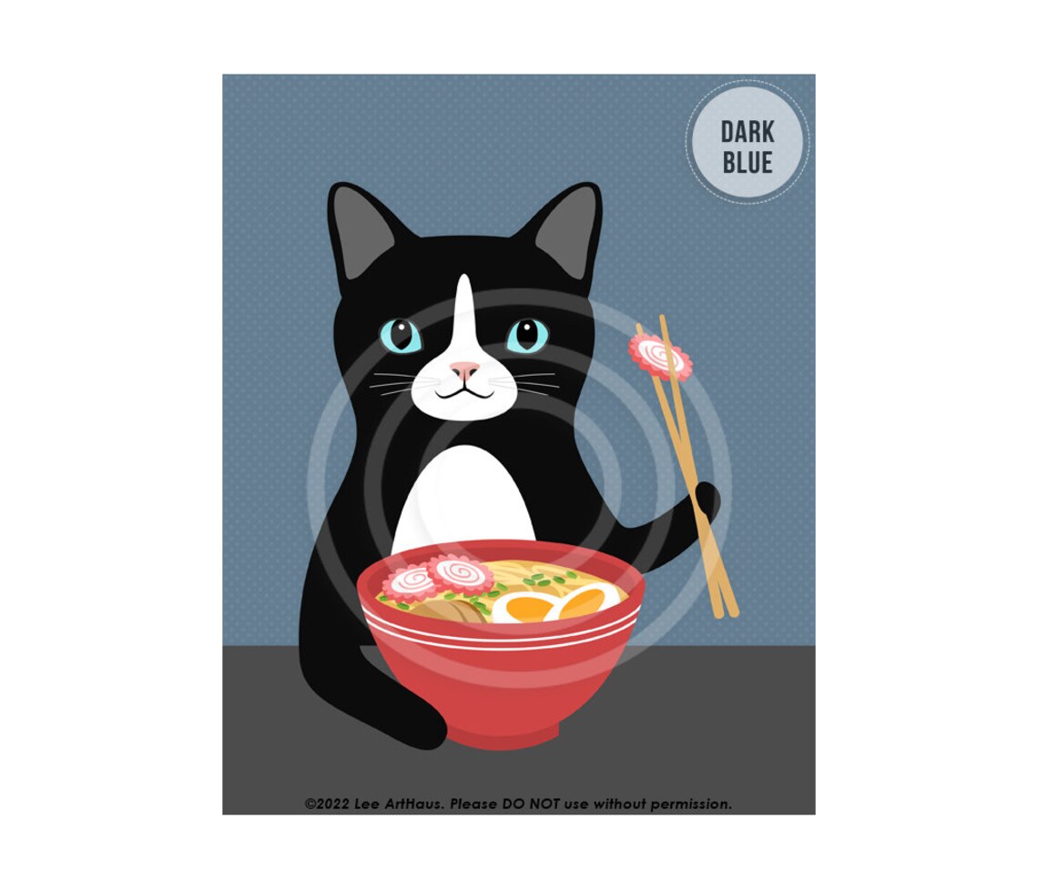 Black And White Cat Eating Ramen Bowl Cute Kitty Lover Kitchen Wall Poster - Image 2