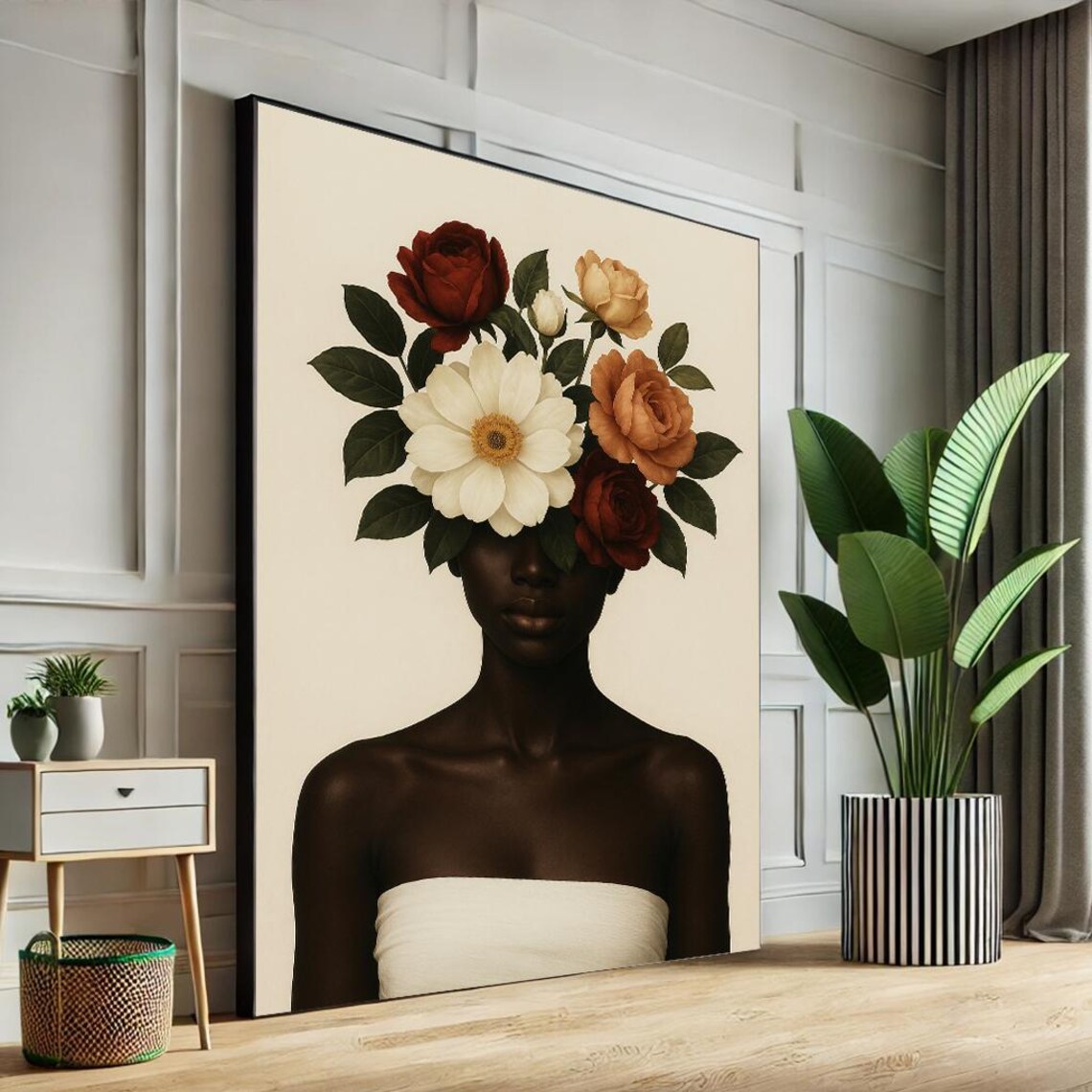 Elegant Woman with Roses Bouquet Cream Background Floral Art Poster