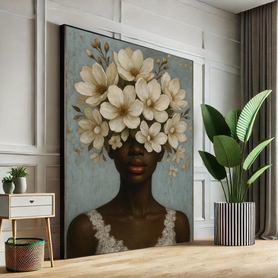 Black Woman with White Magnolia Flowers Vintage Portrait Poster
