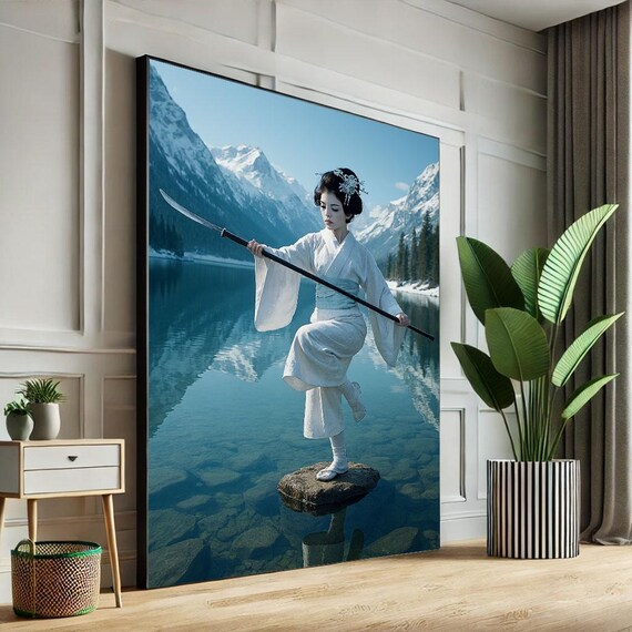 Geisha Warrior Naginata Spear Mountain Lake Epic Japanese Art Poster