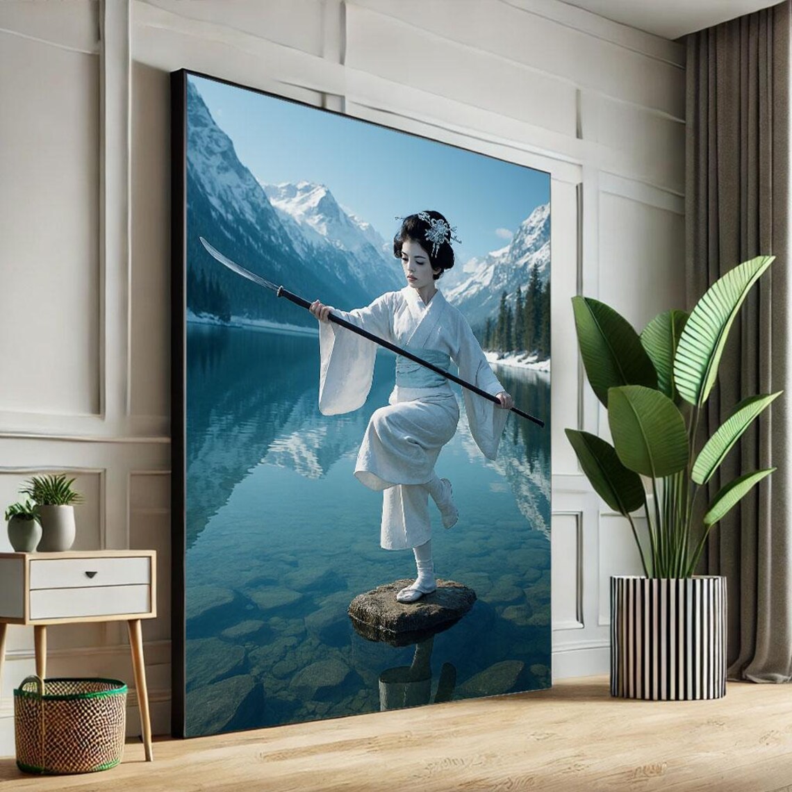 Geisha Warrior Naginata Spear Mountain Lake Epic Japanese Art Poster