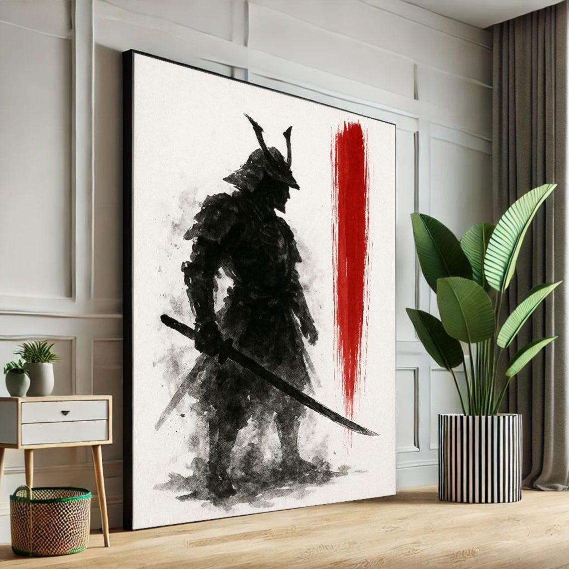 Armored Samurai Ink Silhouette With Bold Red Brushstroke Poster