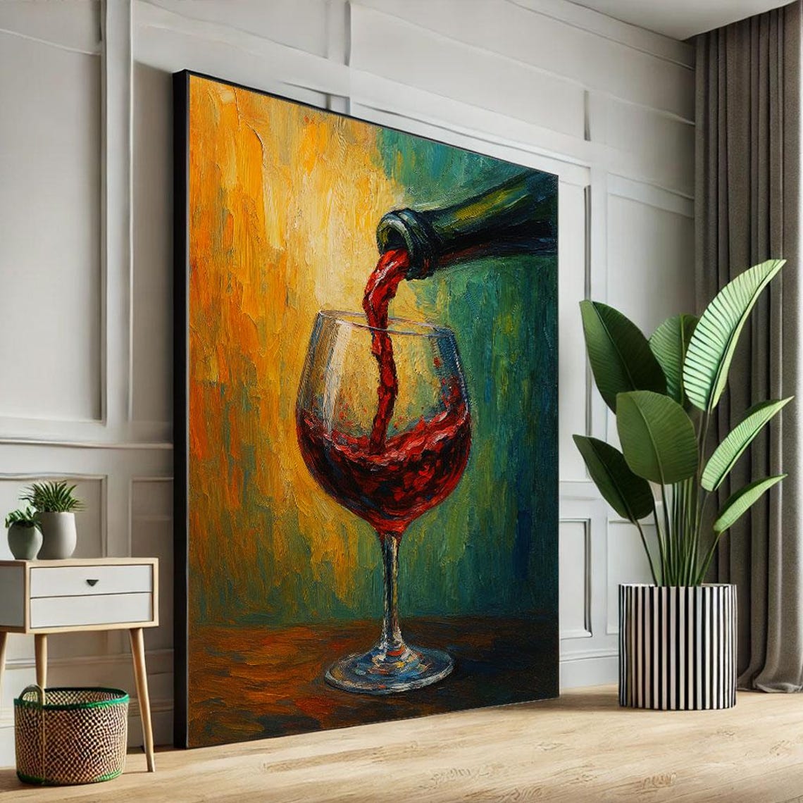 Red Wine Pouring Into Glass Vibrant Impasto Kitchen Oil Poster