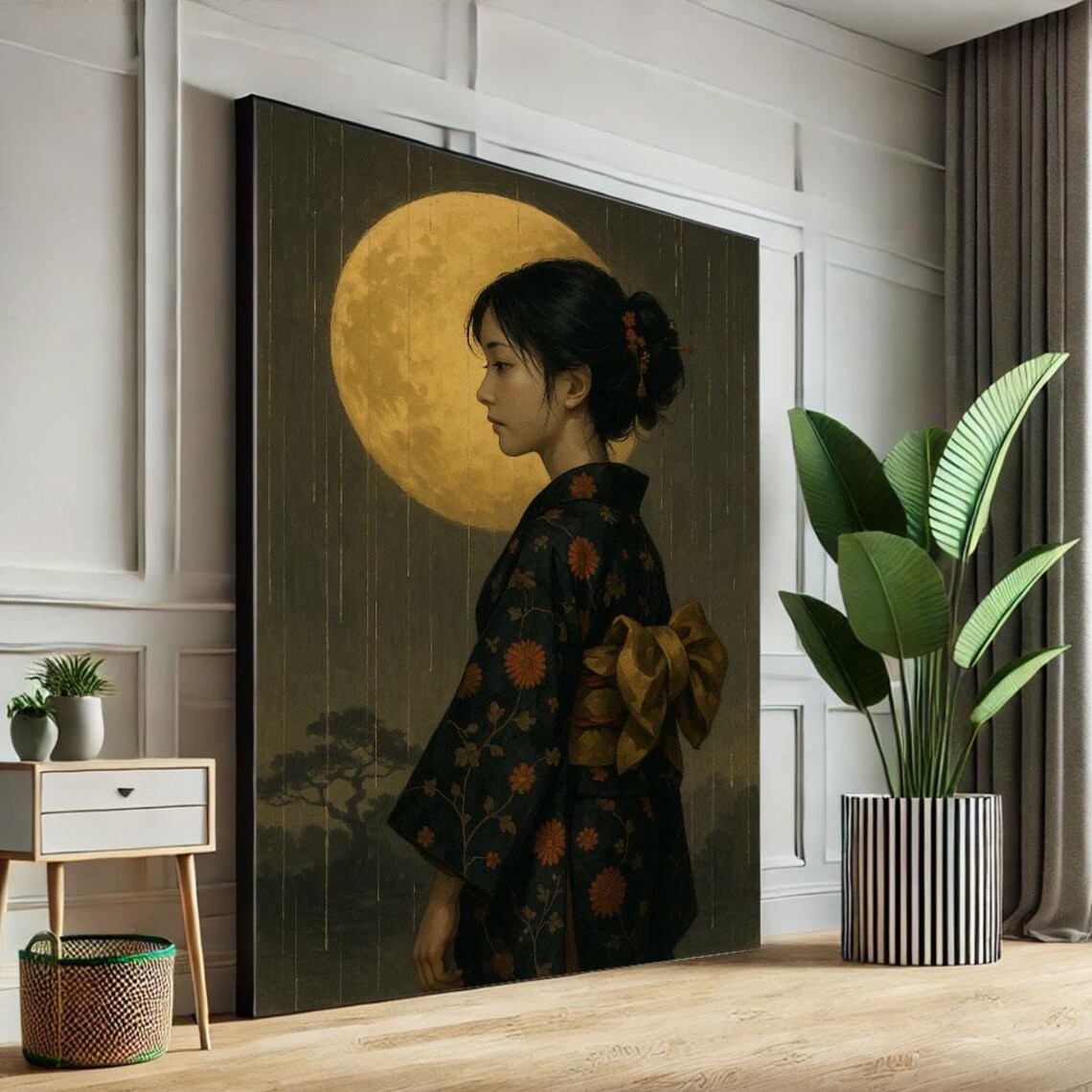 Serene Japanese Woman In Kimono Before Golden Moon Glow Poster