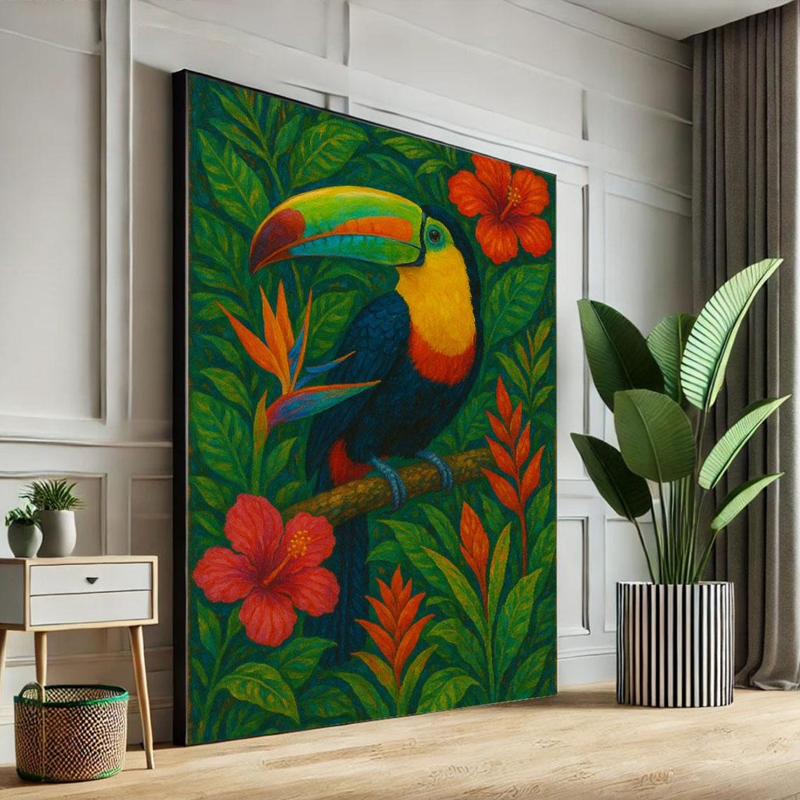 Colorful Toucan in Lush Tropical Jungle with Hibiscus Flowers Poster