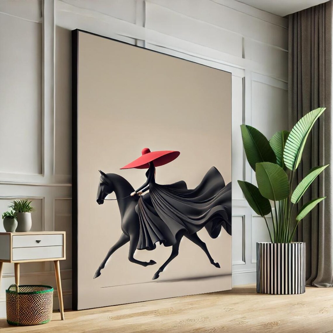 Woman In Red Wide Brim Hat Riding Galloping Horse Modern Art Poster
