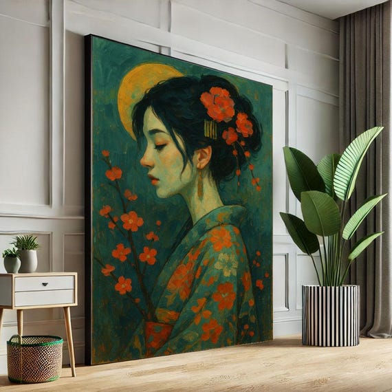 Japanese Geisha With Cherry Blossoms Canvas Wall Art Print Elegant Bedroom Decor Luxury Gift