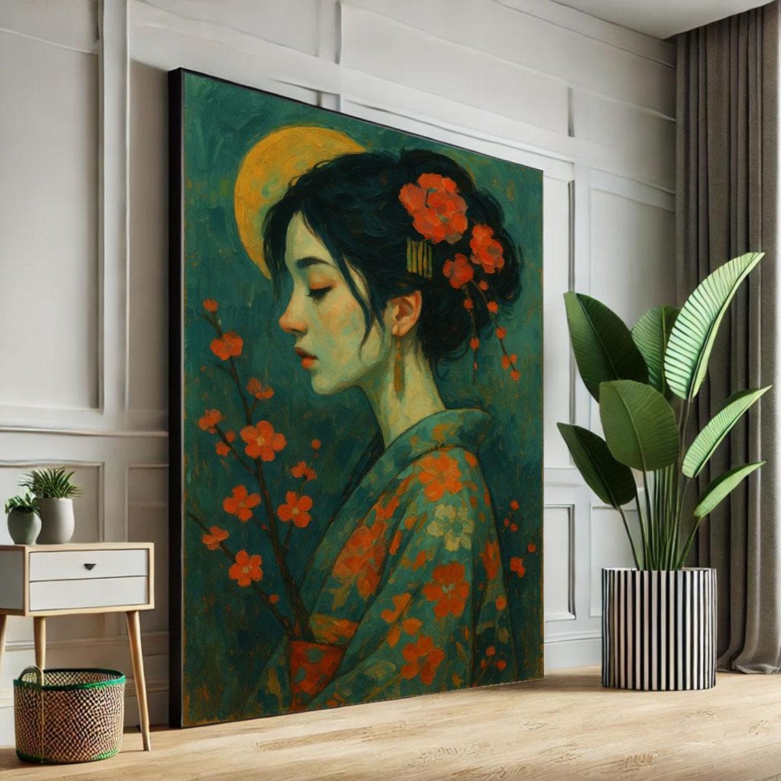 Geisha Profile With Cherry Blossoms And Golden Moon Painterly Poster