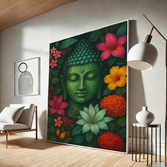 Serene Green Buddha Face Tropical Flowers Zen Spiritual Art Poster