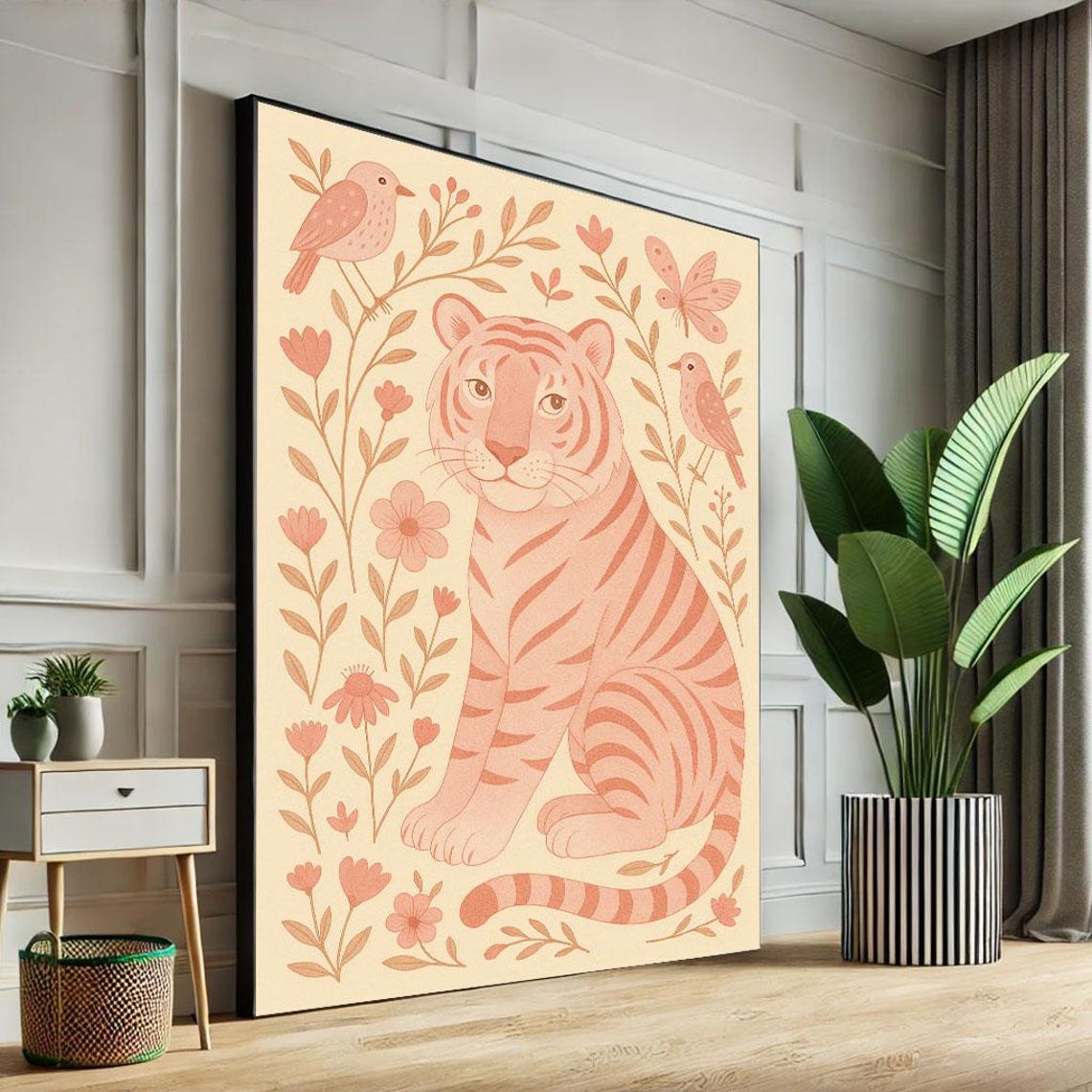 Whimsical Tiger And Bird Canvas Wall Art Print Boho Nursery Decor Ready To Hang