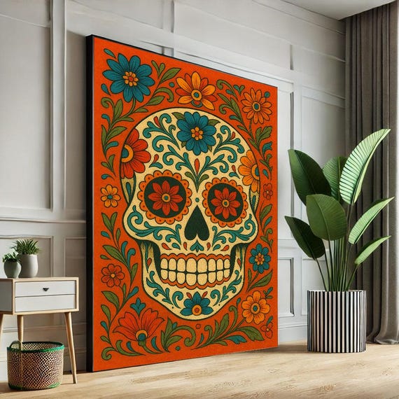 Colorful Da De Muertos Skull Canvas Wall Art Print Boho Living Room Decor Statement Piece