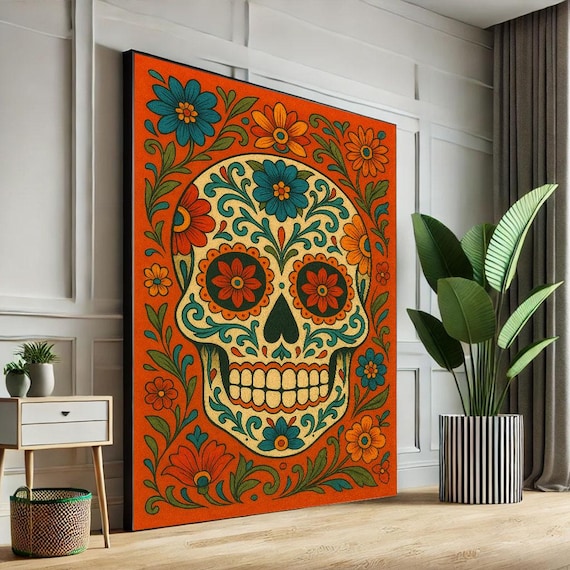Vibrant Dia de los Muertos Sugar Skull Floral Mexican Folk Art Poster