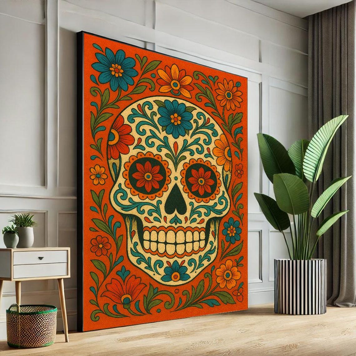 Vibrant Dia de los Muertos Sugar Skull Floral Mexican Folk Art Poster