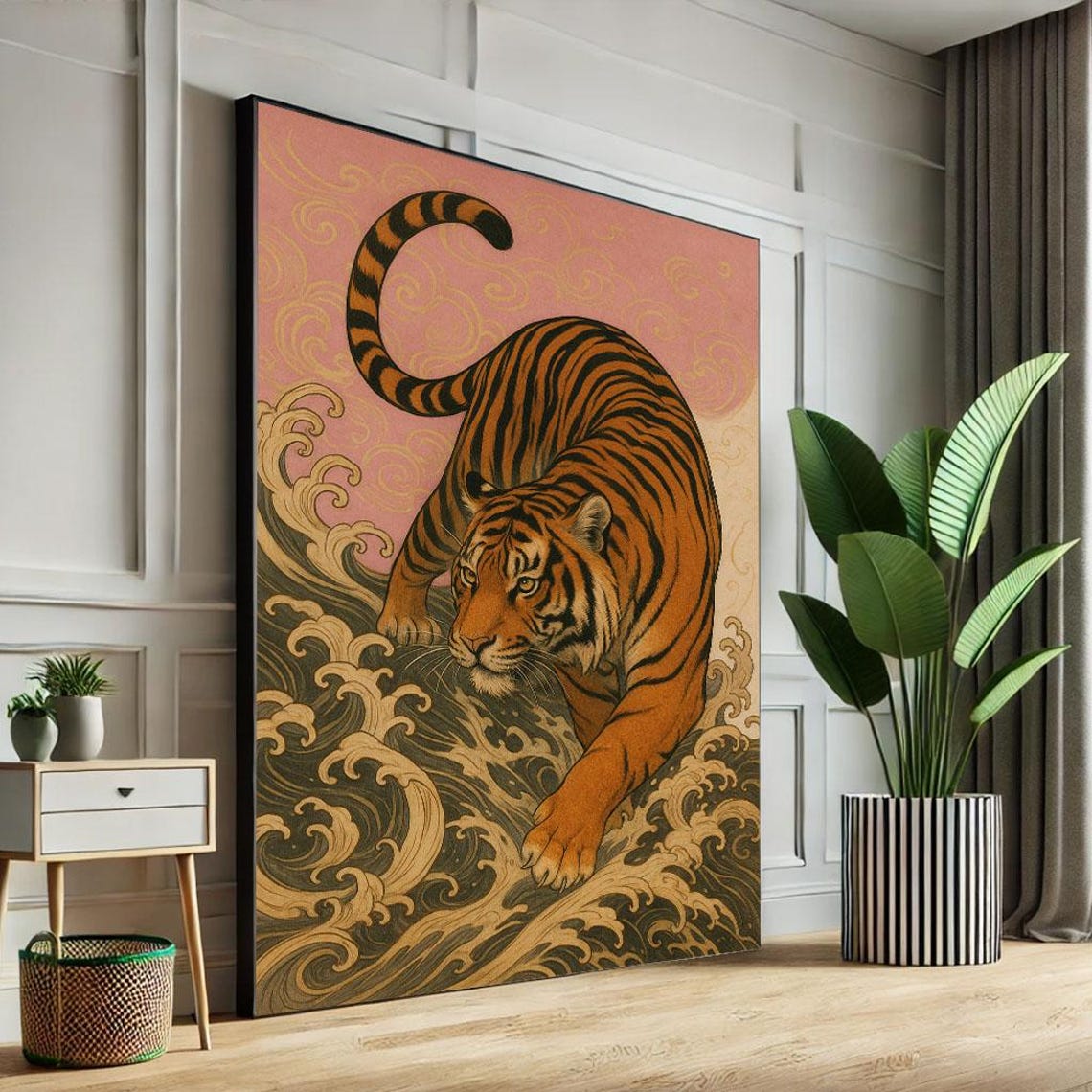 Vibrant Tiger In Waves Canvas Wall Art Print Bold Wildlife For Living Room Decor Statement Piece