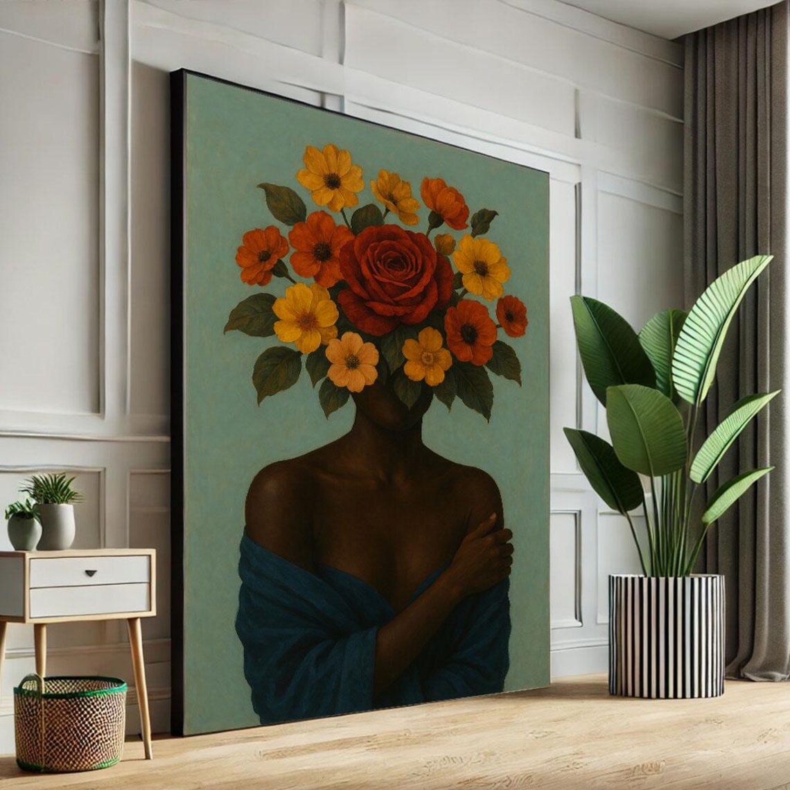 Stunning Floral Woman Portrait Blooming Bouquet Head Boho Art Poster