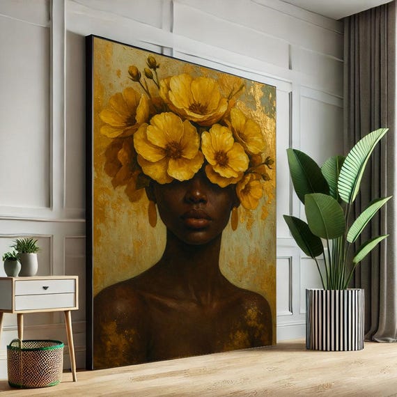 Bold African Woman With Yellow Flowers Canvas Wall Art Print Modern Living Room Decor Statement Piece