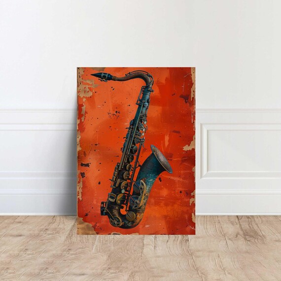 Saxophone on Burnt Orange Textured Background Vintage Jazz Music Art Poster