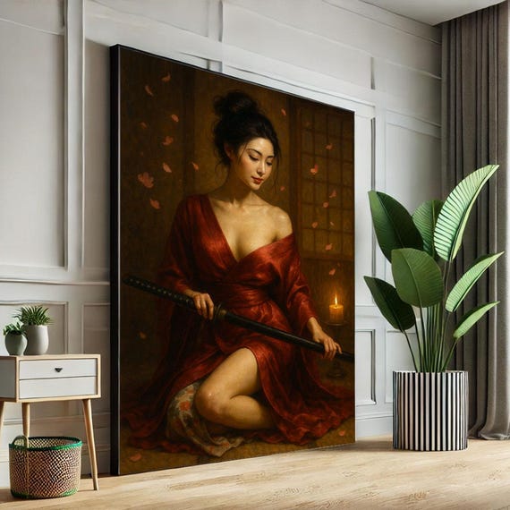 Tranquil Japanese Woman With Katana Canvas Wall Art Print Zen Bedroom Decor Statement Piece