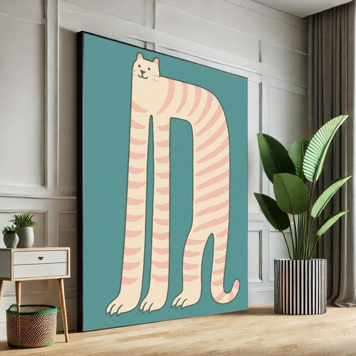 Whimsical Long Cat Stretching Striped Illustration Teal Funny Art Poster