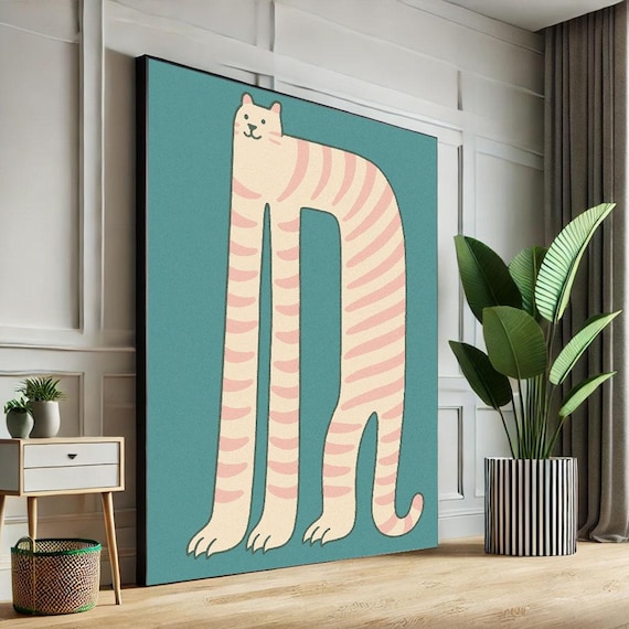 Whimsical Long Cat Stretching Striped Illustration Teal Funny Art Poster
