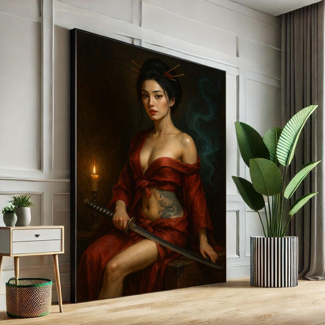 Tattooed Woman in Red Robe with Katana by Candlelight Art Poster