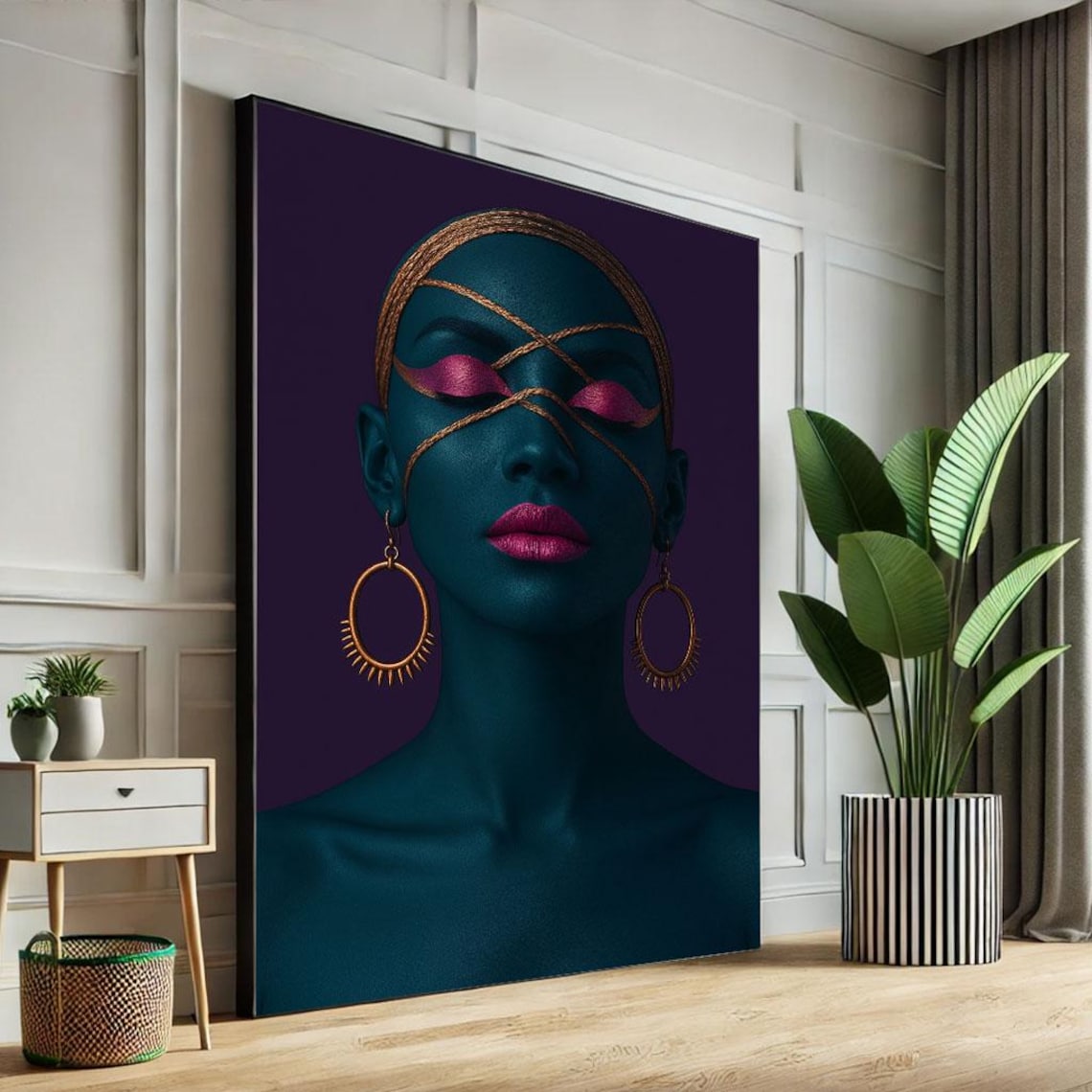 Bold African Woman Portrait Copper Braids Gold Hoops Purple Poster