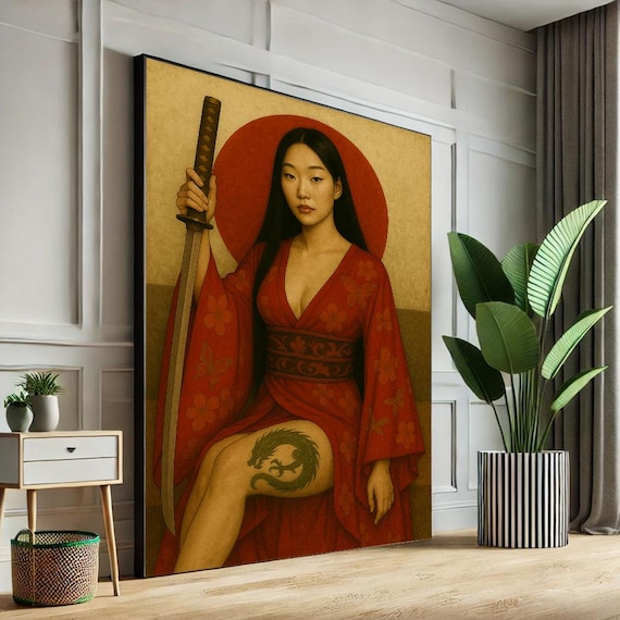 Samurai Woman With Katana And Dragon Tattoo Before Red Sun Poster